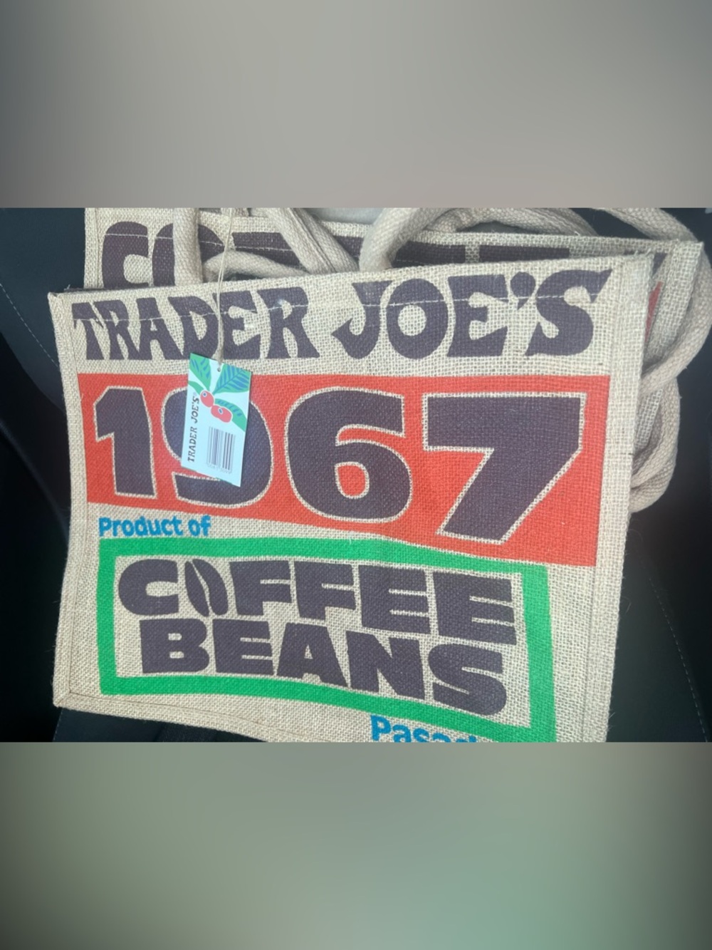 Trader Joe's Beige Burlap Tote Bag with Red & Green Graphic